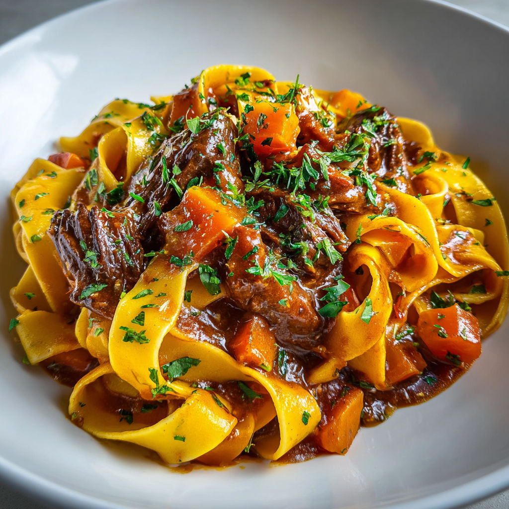 Des pappardelles fondantes au bœuf et à la courge sur une belle table claire.