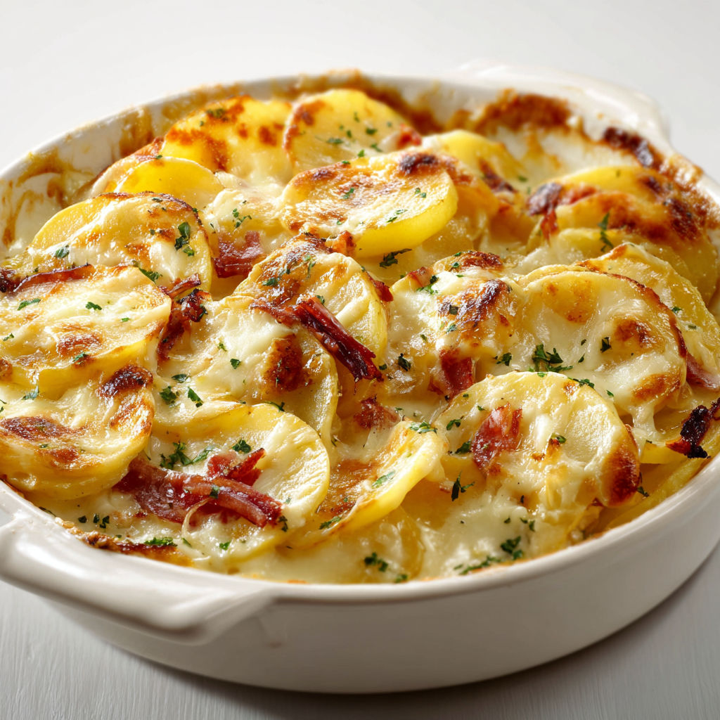 Tartiflette veggie gratinée avec pommes de terre fondantes et reblochon coulant.
