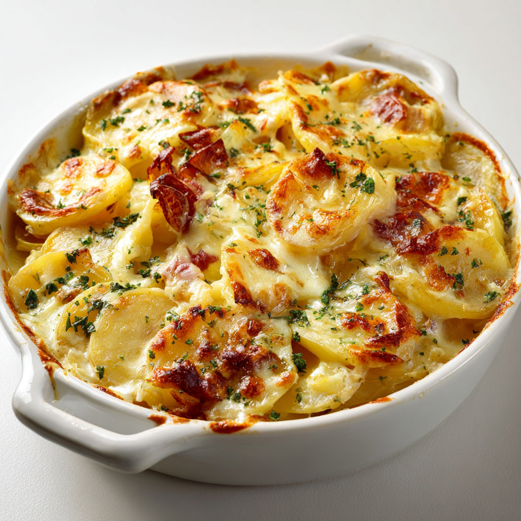 Plat de tartiflette veggie au reblochon, pommes de terre moelleuses et herbes fraîches.