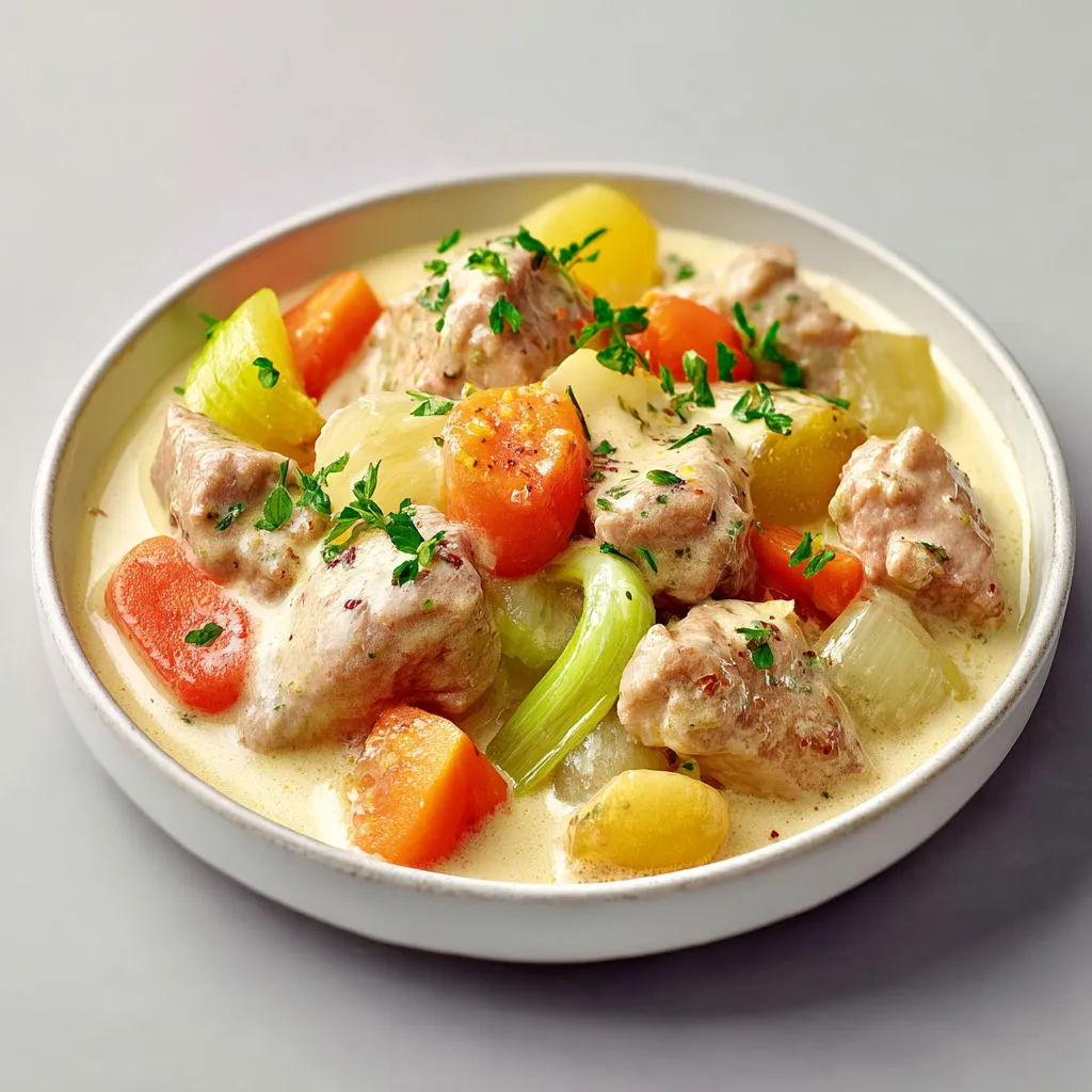 Mijoté de veau revisité, super fondant, sauce onctueuse parfumée à la vanille, légumes tendres.