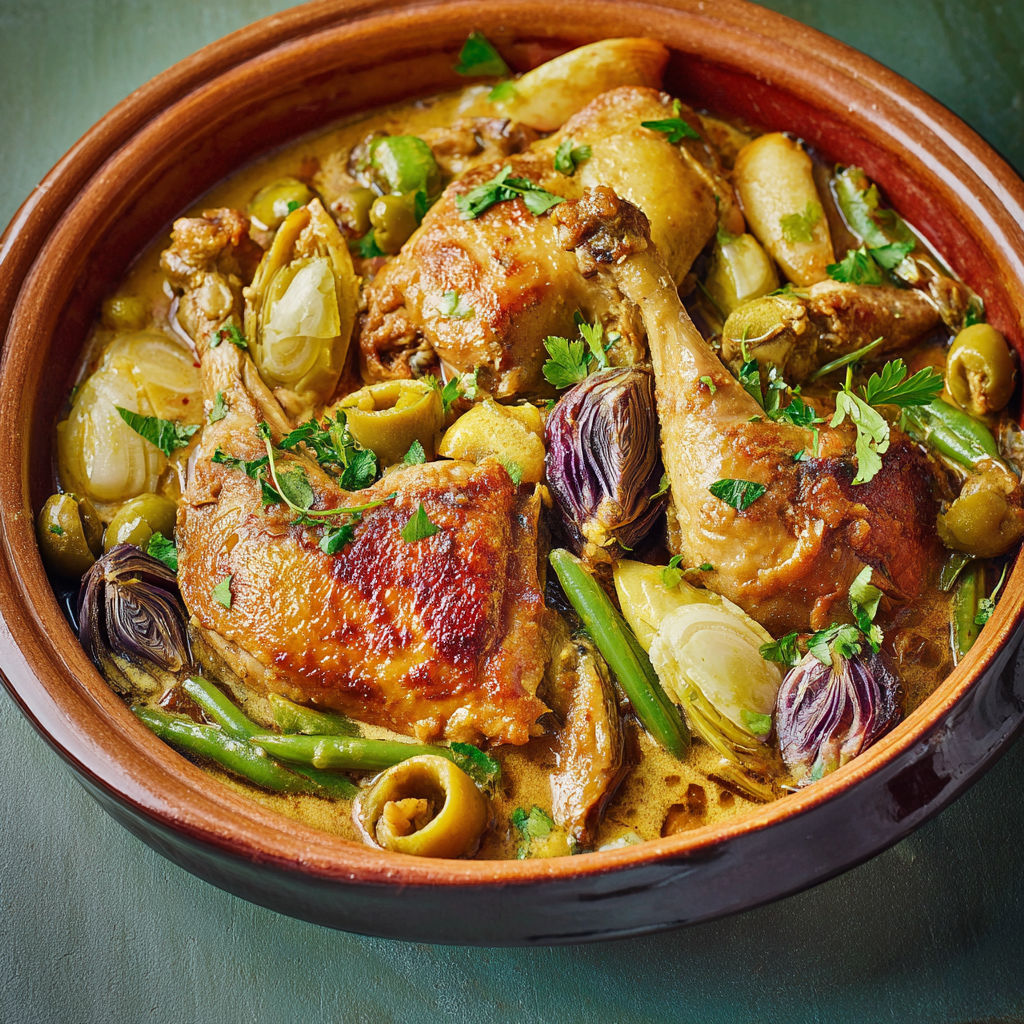 Pintade préparée avec des légumes verts et de printemps.