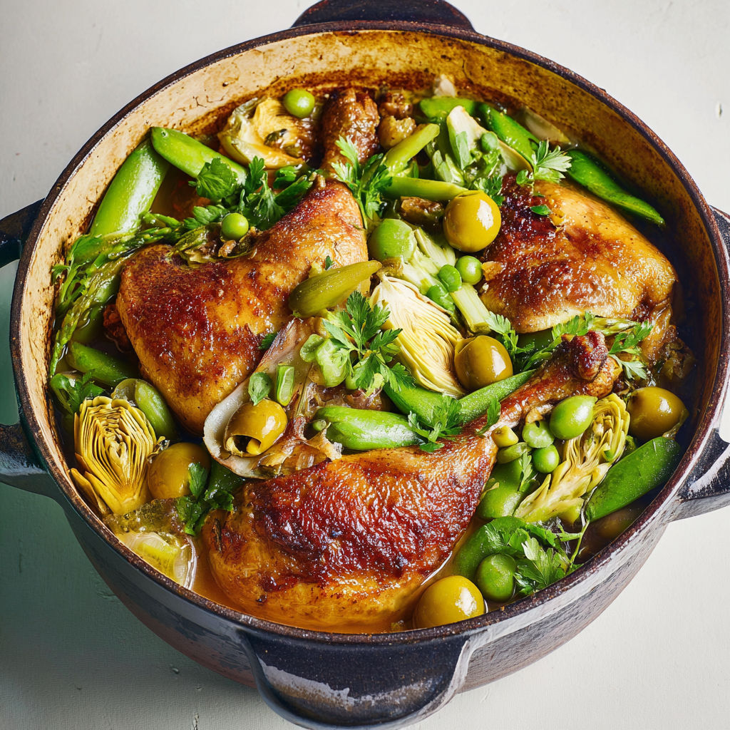 Tajine printanier de pintade, parfumé aux épices marocaines, légumes tendres et croquants.