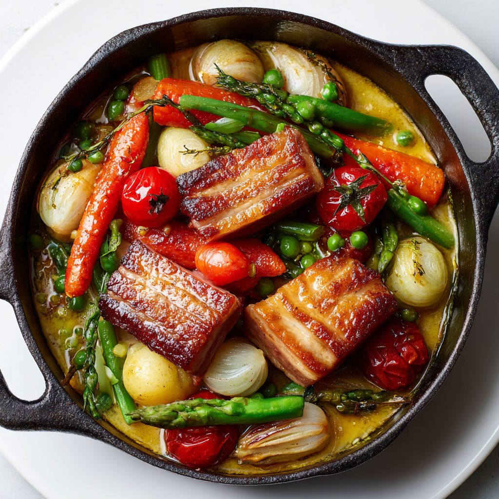 Plat mijoté aux légumes printaniers et lard tendre dans une sauce onctueuse et douce.