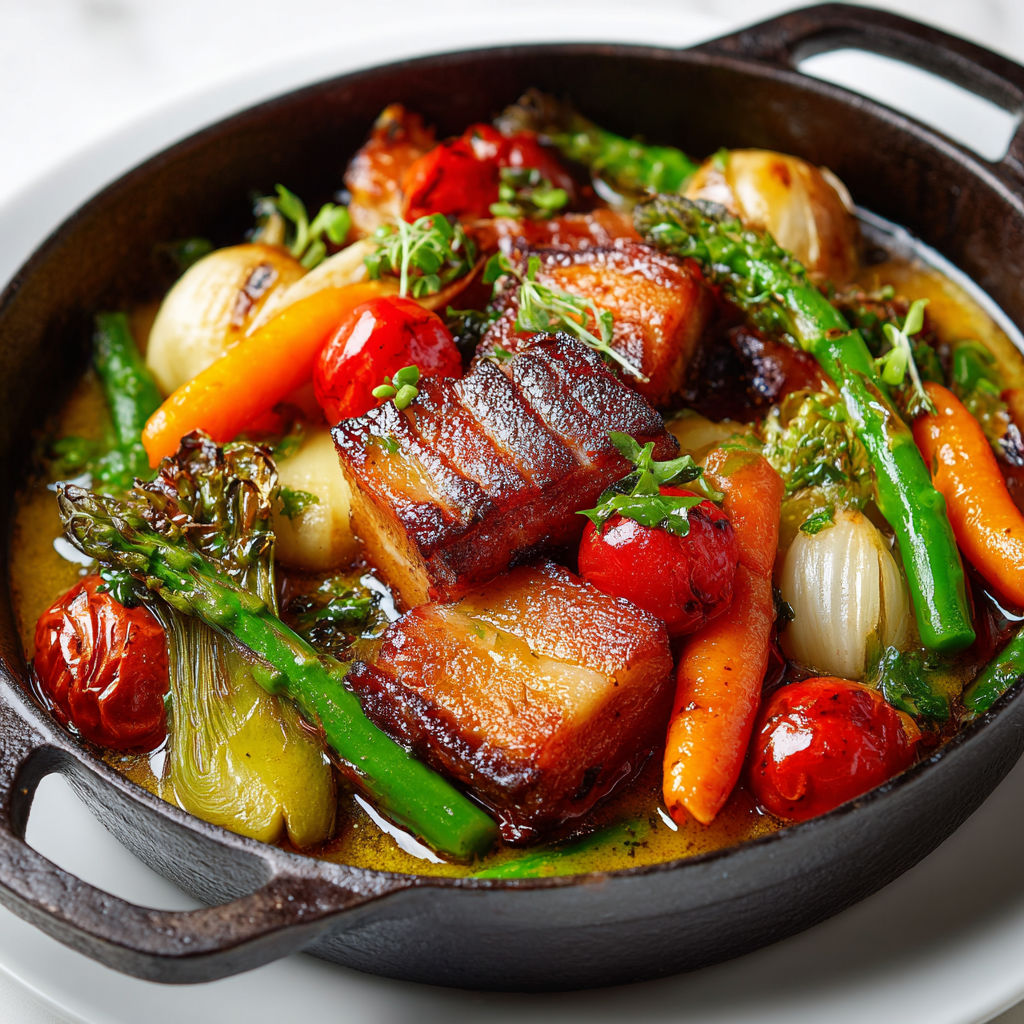 Mijoté printanier de légumes et poitrine de porc tendre, partage généreux et saveurs du terroir.