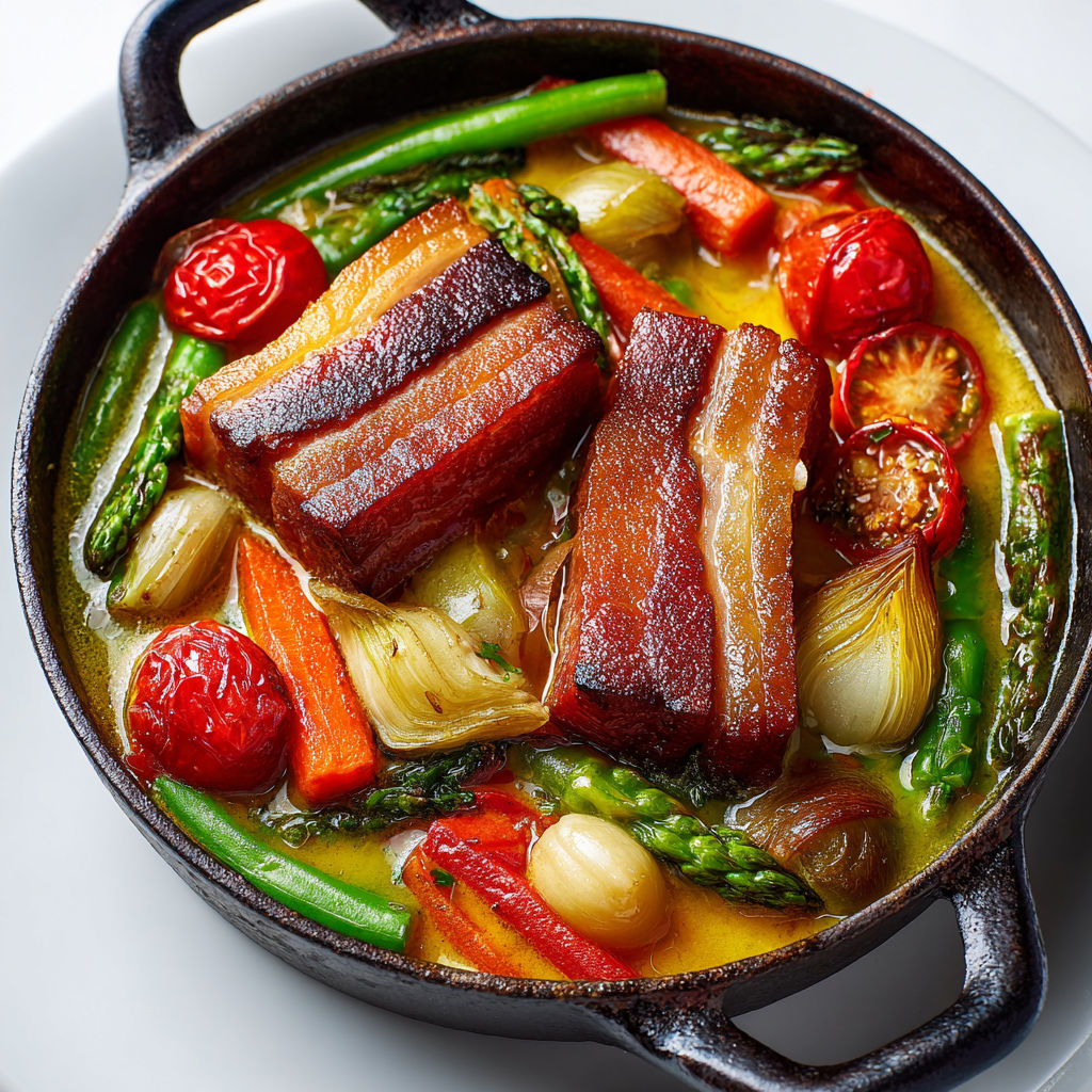 Chaudron de légumes frais et poitrine de porc dorée, enrobé de miel, le tout baignant dans un bouillon savoureux.