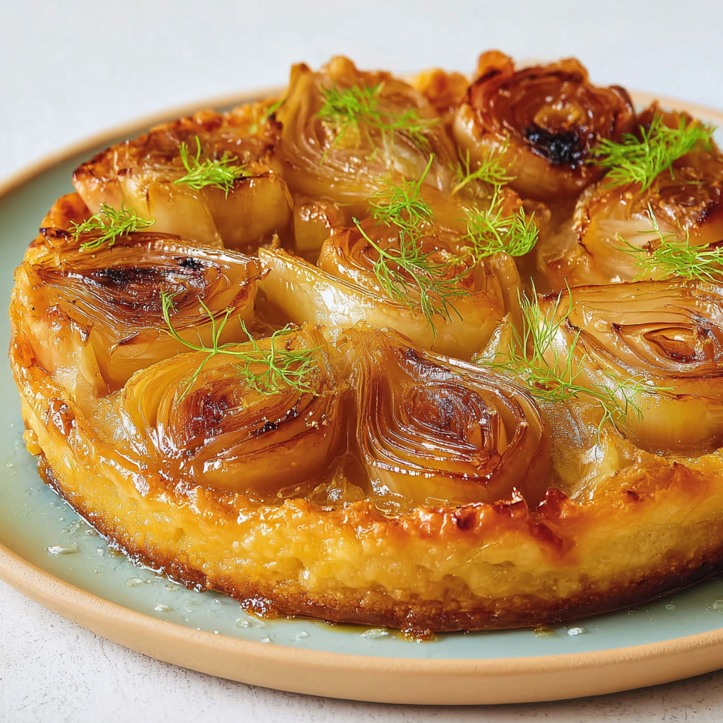 Tarte au fenouil rôtie avec base d’amande et sel sucré, dorée et croustillante.