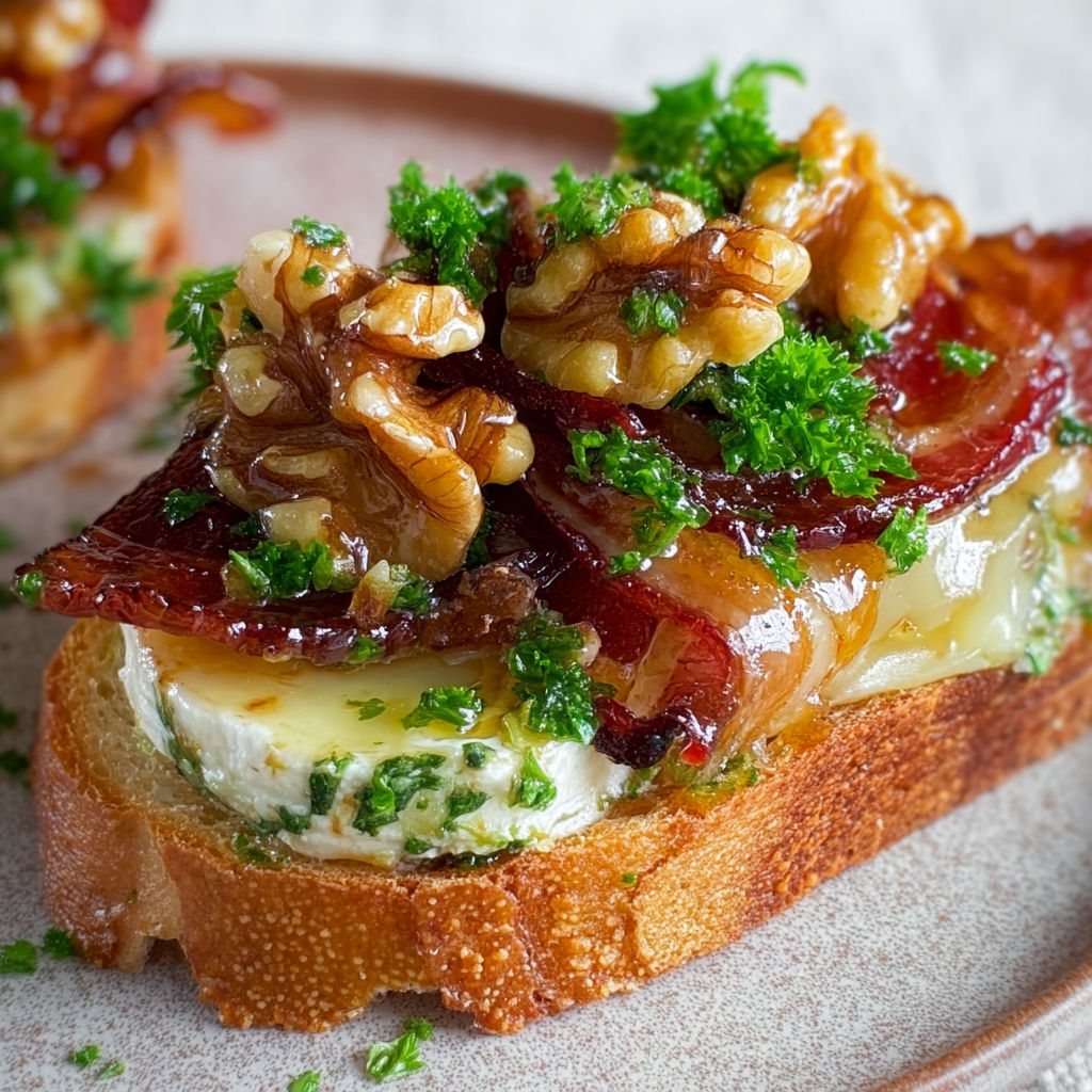 Tranches de pain grillé garnies de fromage fondu, noix caramélisées et nappées de sirop d'érable.