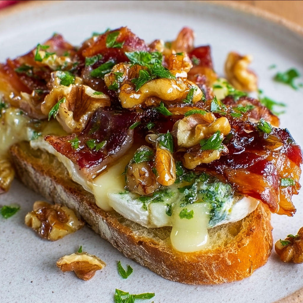 Tartines gratinées au camembert fondant, arrosées de sirop d’érable et le bacon croquant par-dessus.