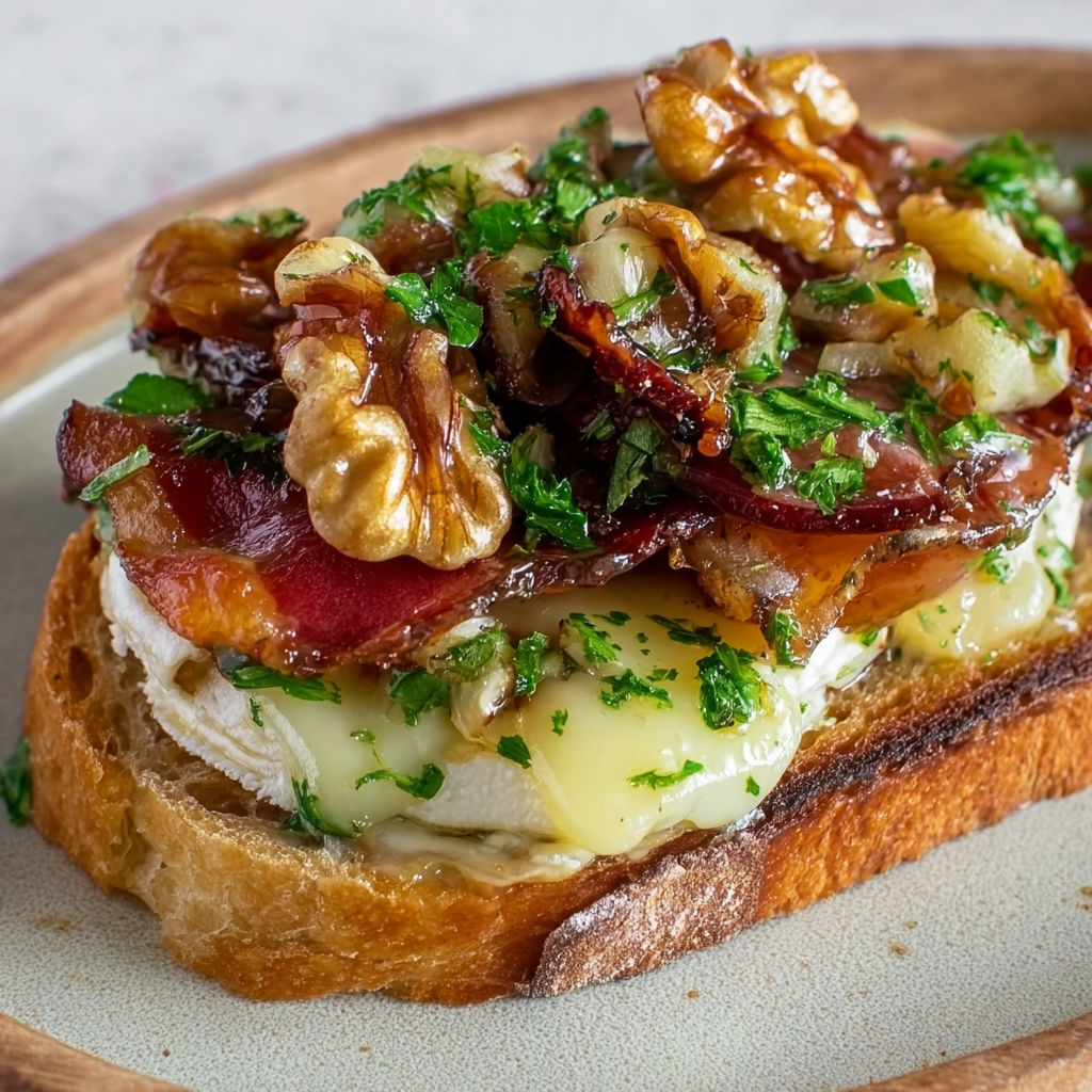 Tartines copieuses à la canadienne, mariant le moelleux du fromage, le lard croustillant et le croquant de noix caramélisées au sirop d’érable.