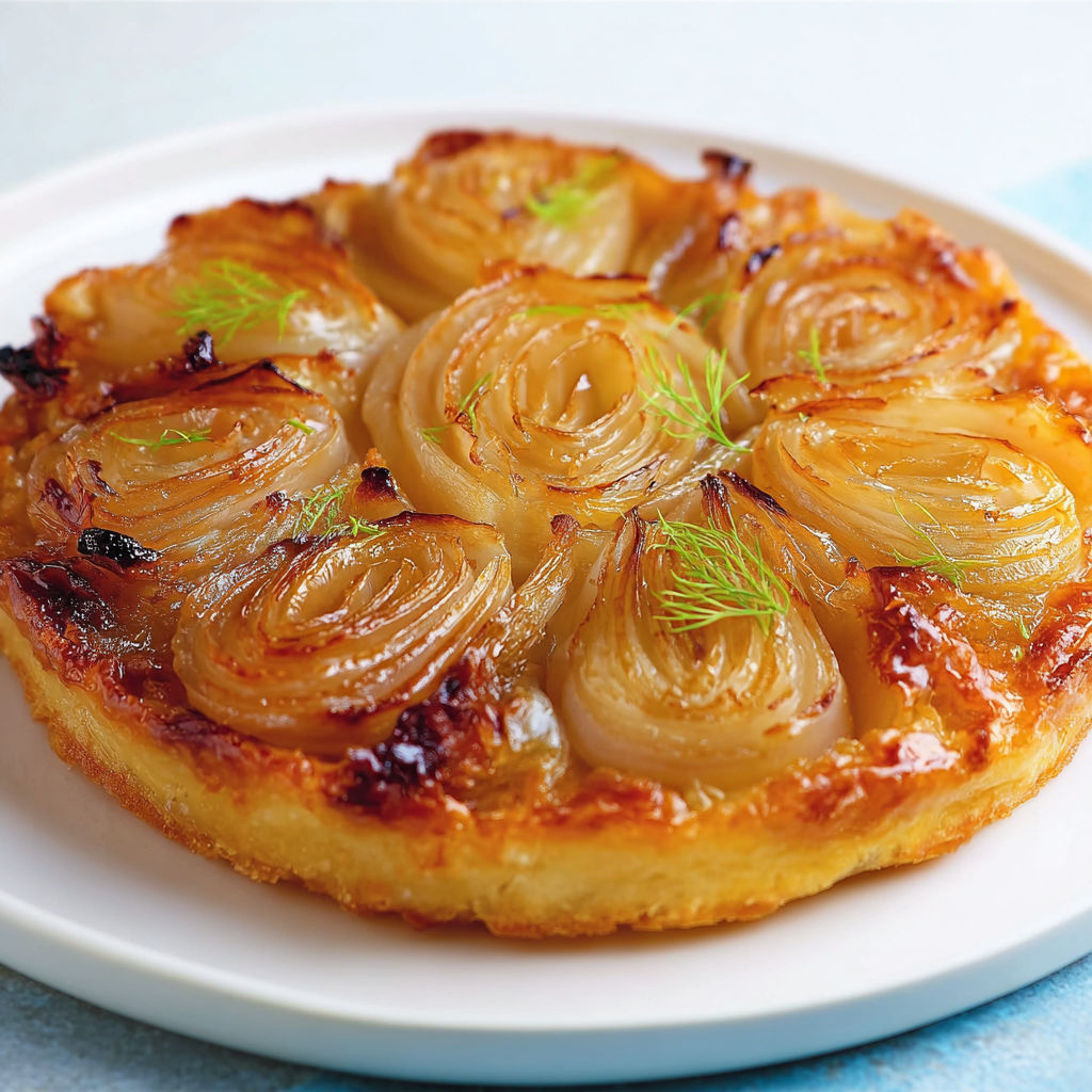 Tarte retournée aux fenouils dorés et parmesan sur une pâte aux amandes bien croustillante et fondante.