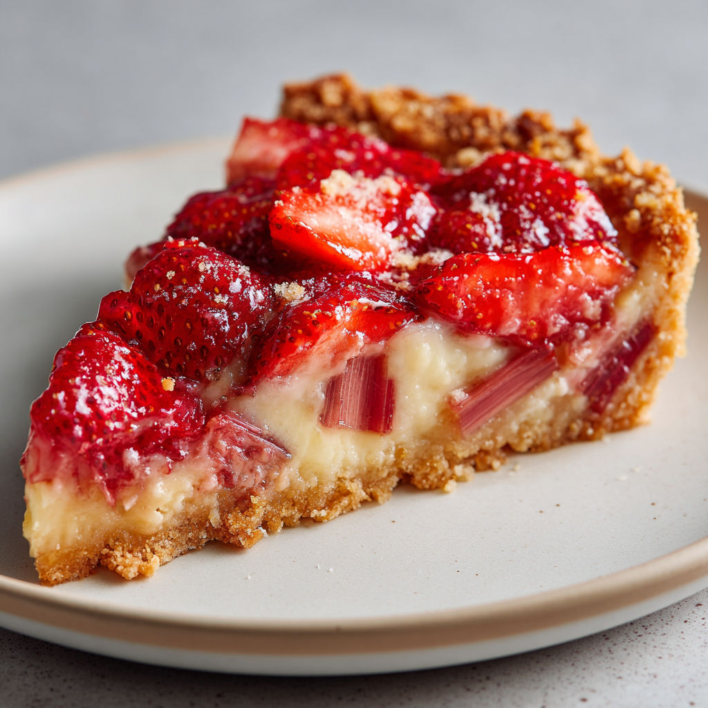 Tarte fraises rhubarbe amandes façon dessert raffiné toute en contraste, fruits juteux et crème fondante sur pâte croustillante.