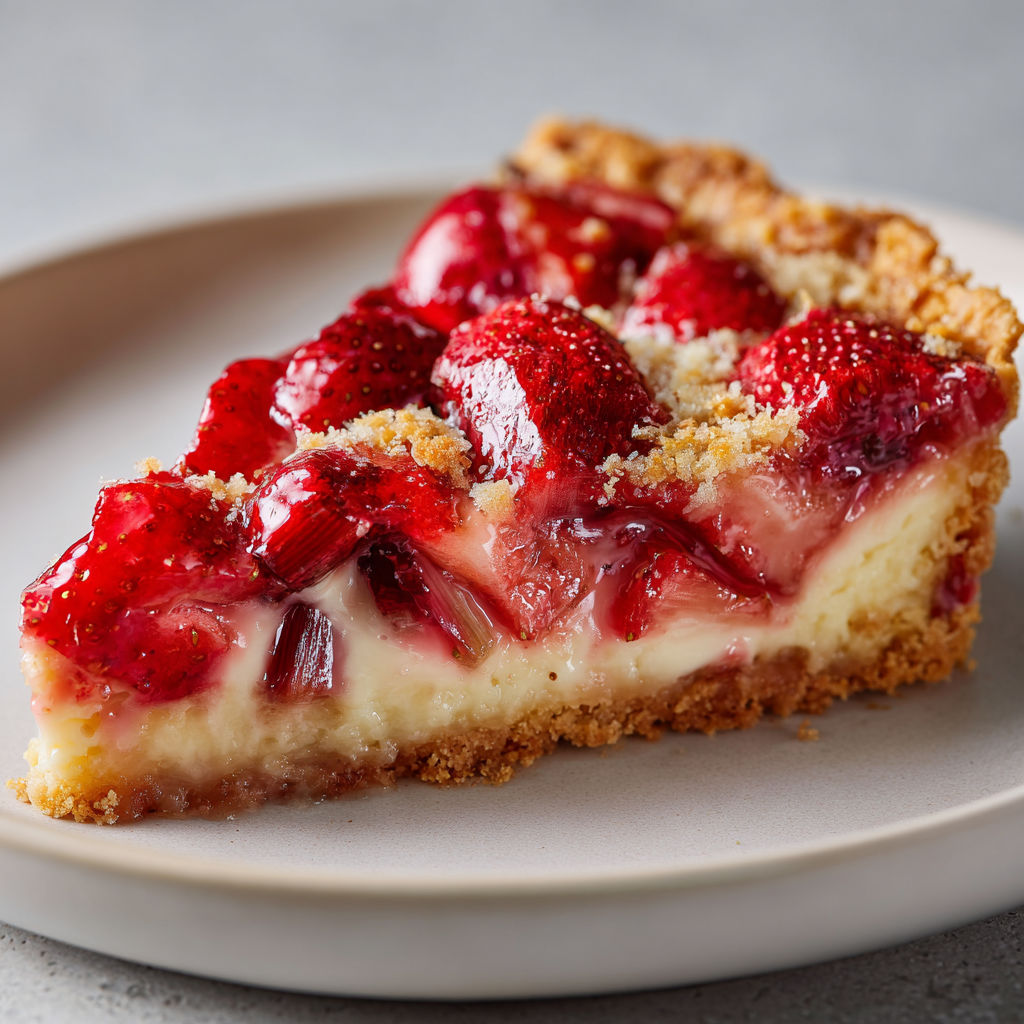 Tarte généreuse aux fraises bien rouges et rhubarbe fondue, reposant sur une base sablée et crème d’amande moelleuse.