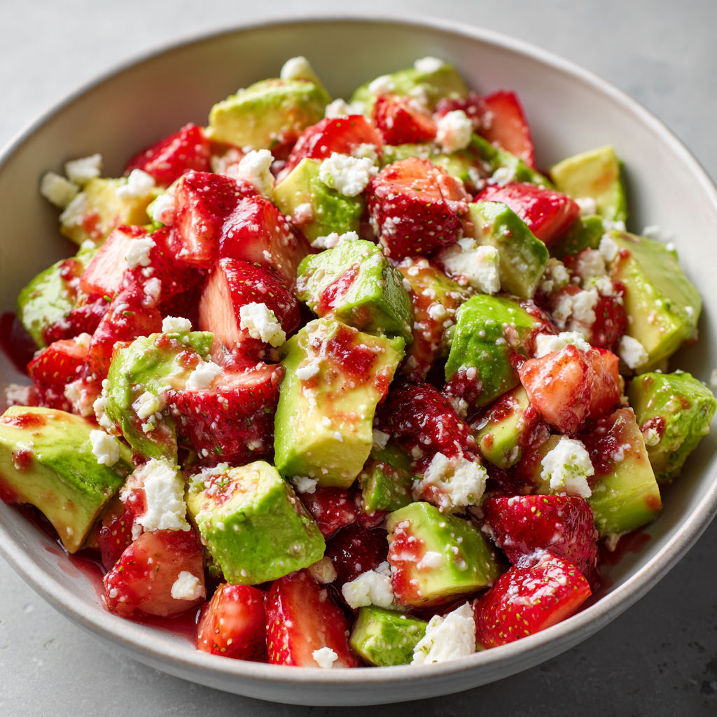 Bol garni de chèvre, avocat et fraises.