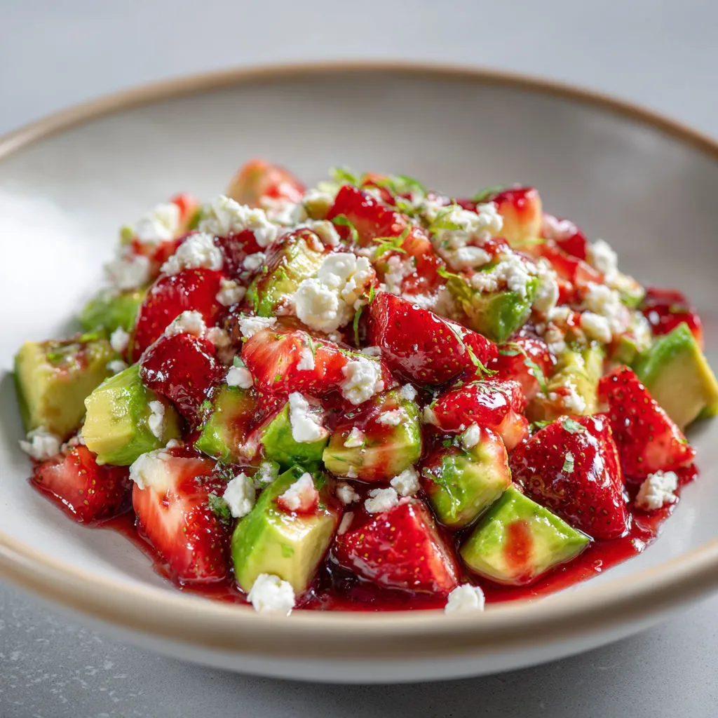 Plat rafraîchissant aux fraises, avocat et chèvre frais, gourmand et plein de peps.
