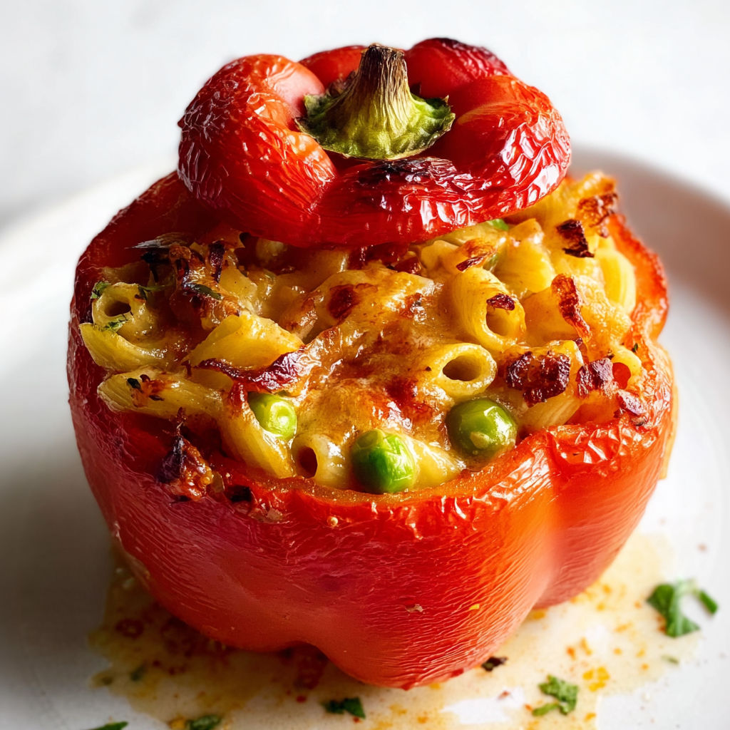 Poivrons bien garnis avec restes de pâtes et légumes, tout fondant, gratiné, anti-gaspi.