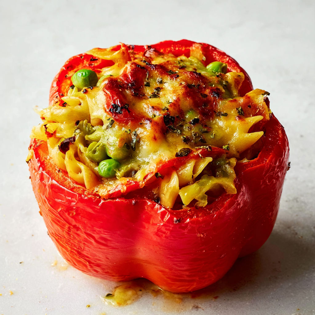 Poivrons grillés farcis de restes de pâtes, d’artichauts et de petits pois, tout moelleux et dorés.