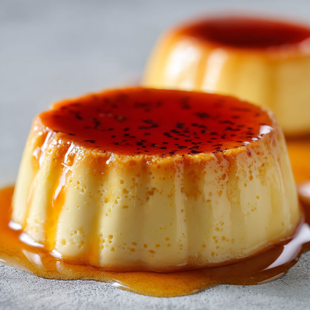 Crème onctueuse embellie d’un caramel doux, déposée sur une assiette avec une touche de sauce.