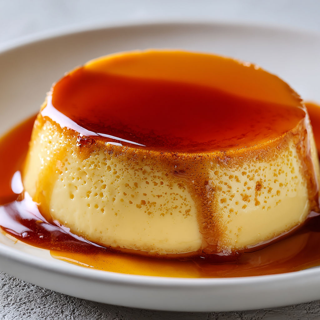 Flan onctueux aux œufs nappé de caramel liquide, fondant après cuisson lente dans l’eau.