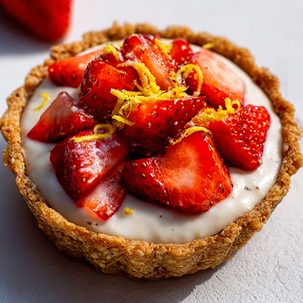 Une tartelette vegan aux fraises est dressée sur une table claire.