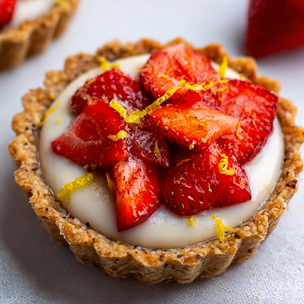 Petites tartes vegan aux fraises, crème végétale à l’amande et sirop d’érable, hyper fraîches et parfumées.