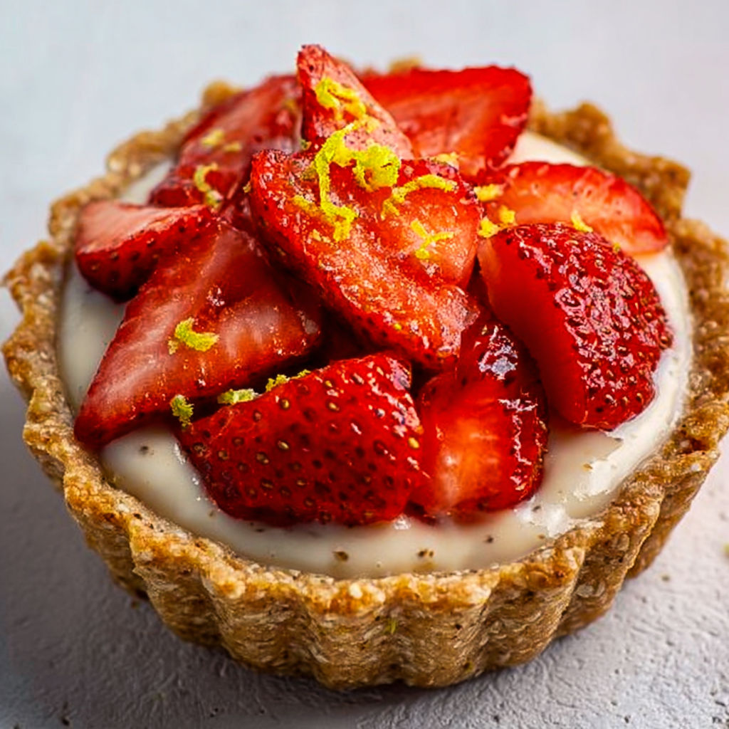 Tartes aux fraises sans produits laitiers, base à l’amande et flocons d’avoine et crème vanille légère.