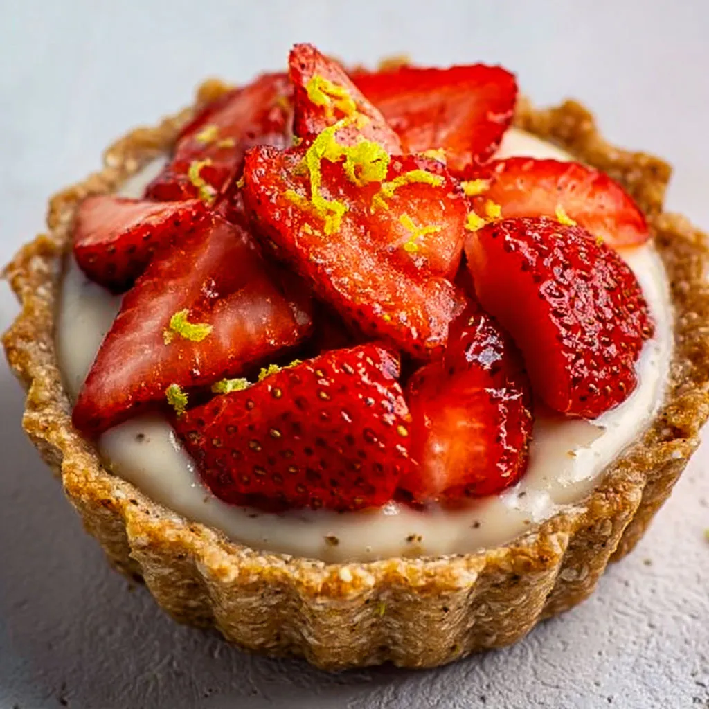 Tartes aux fraises sans produits laitiers, base à l’amande et flocons d’avoine et crème vanille légère.