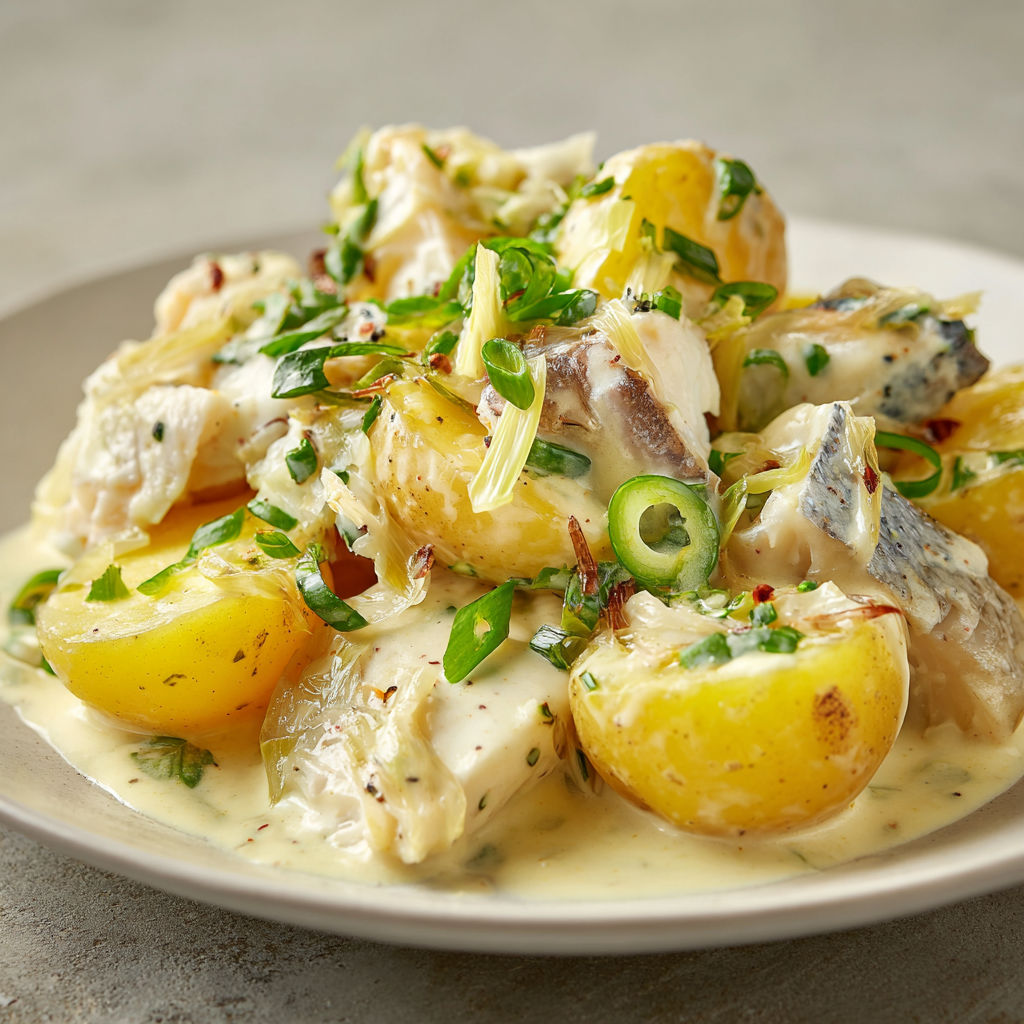 Plateau de pommes tièdes et haddock, relevé de ciboulette et crème.