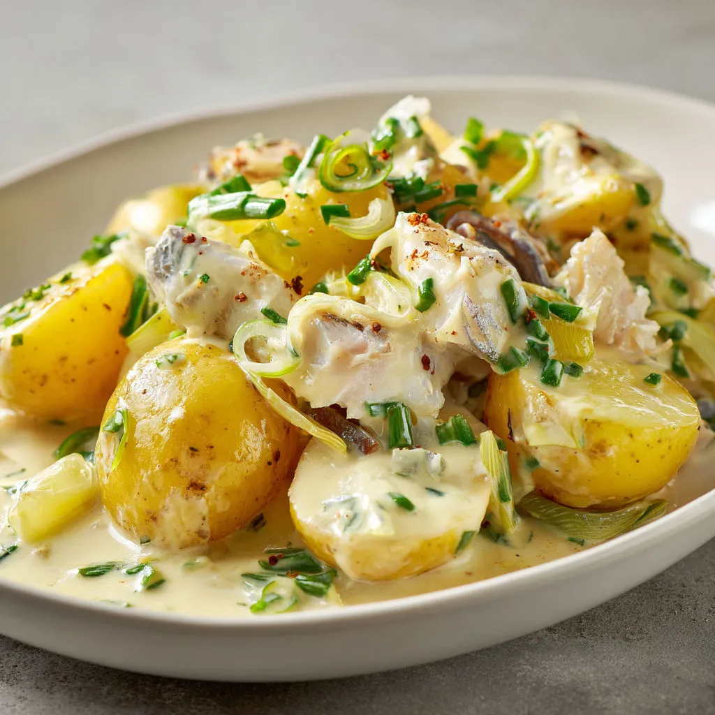 Plat généreux de pommes de terre, poisson fumé et légumes bien fondus, avec une chouette dose de crème et de ciboulette.