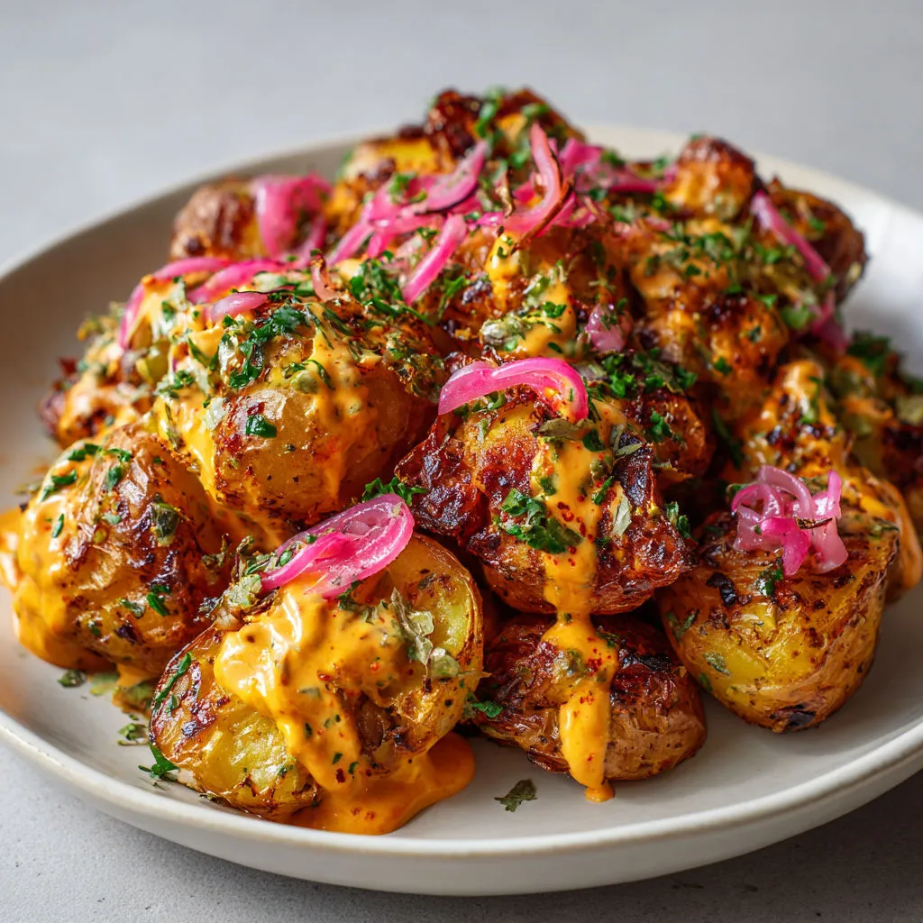 Petites pommes de terre rôties et croustillantes, servies avec une sauce onctueuse au citron et paprika fumé.