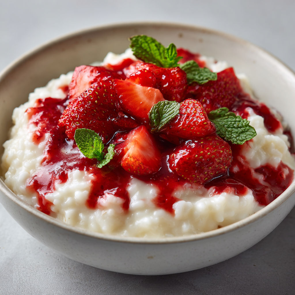 Riz au lait super crémeux à la vanille avec coulis et fraises fraîches, parfait pour finir le repas en douceur.