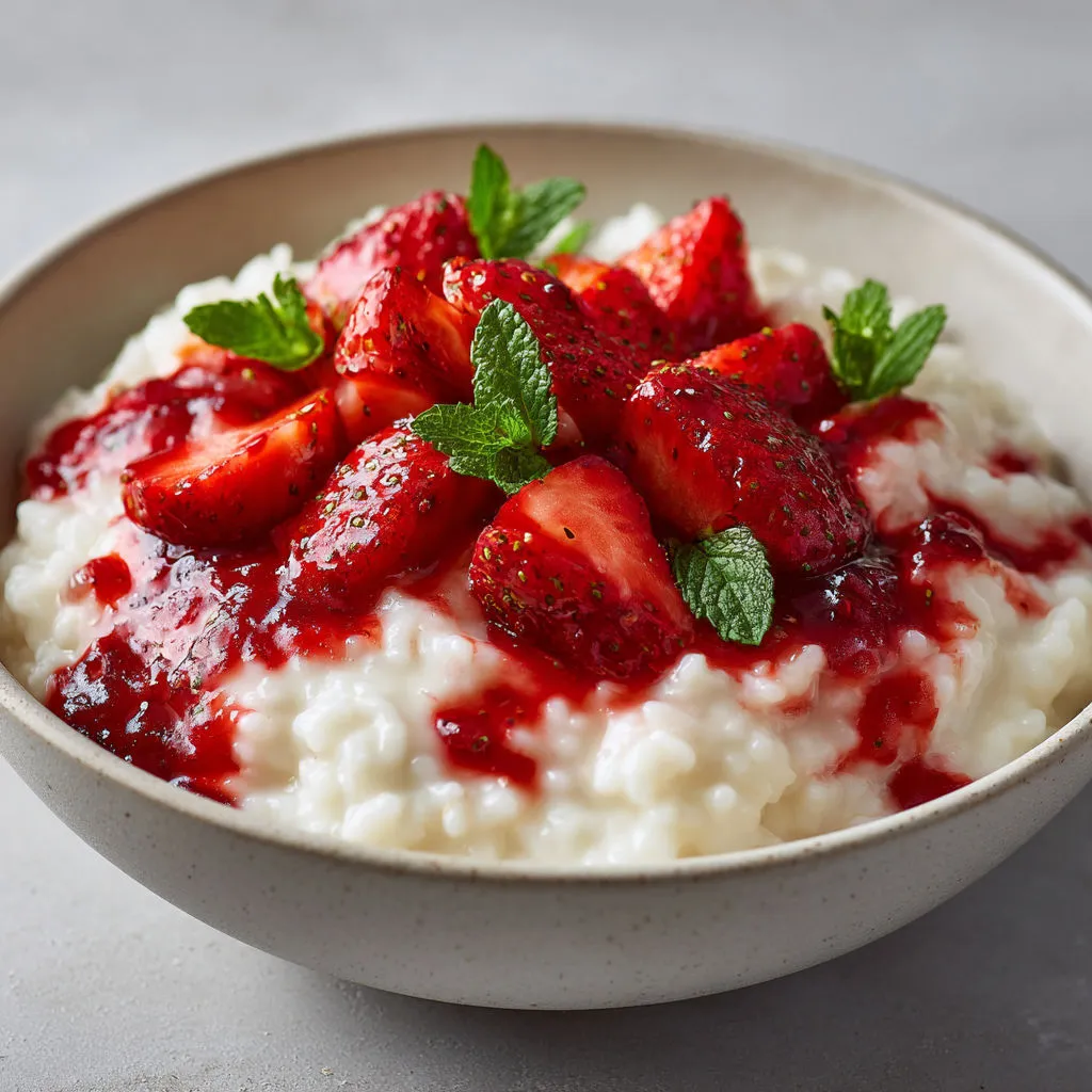 Riz au lait fondant et fraises fraîches, mélange de crème, lait entier et fruits rouges tout en douceur.