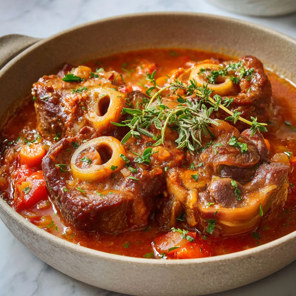 Jarret de veau sans gluten mijoté longtemps, tendre à souhait dans une sauce tomate au vin blanc et légumes.