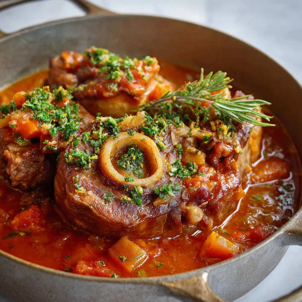 Jarrets de veau super tendres braisés longtemps, nappés de sauce riche aux herbes fraîches, ail et zeste de citron.