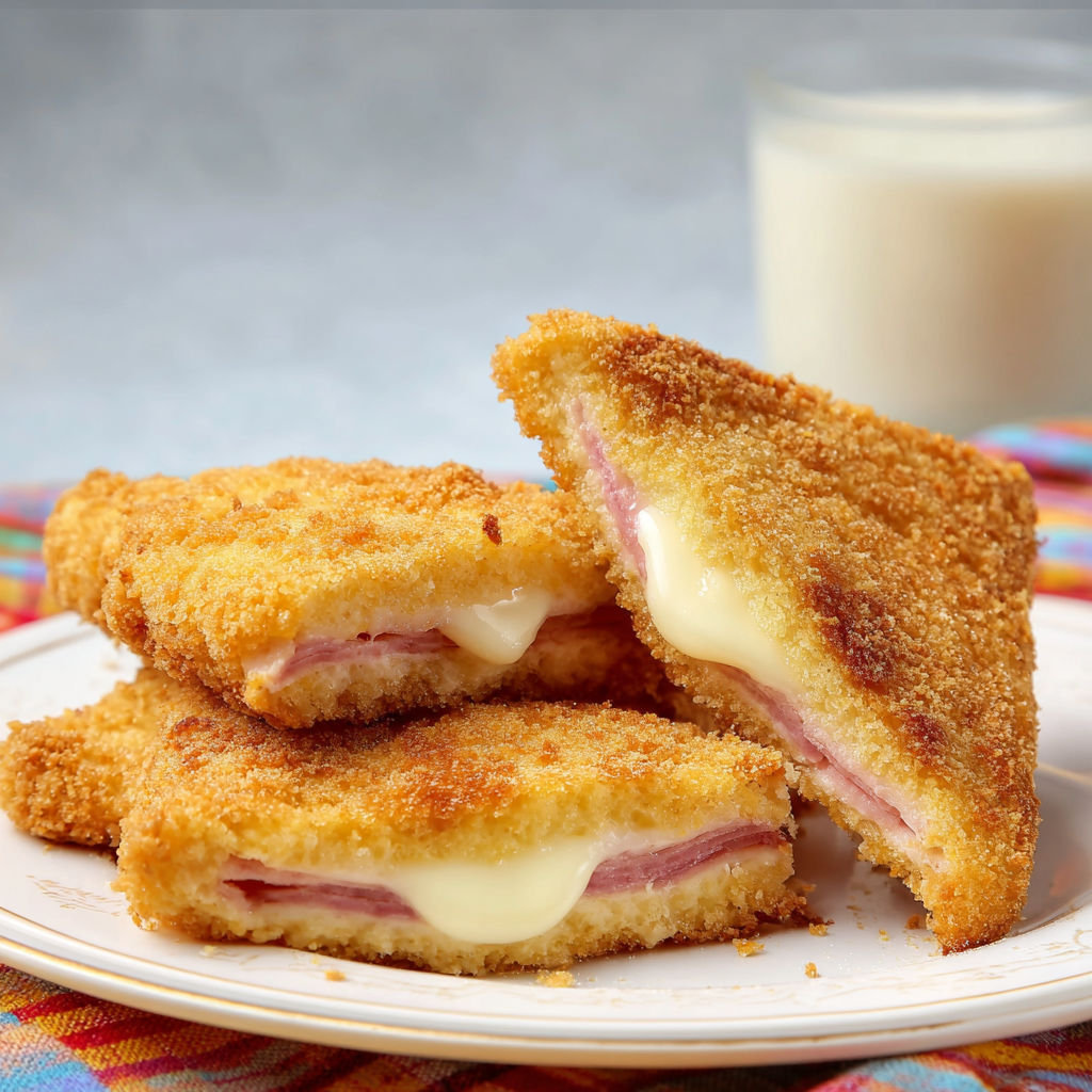 Mozzarella in carrozza toute dorée, fromage fondant et jambon à l’intérieur.