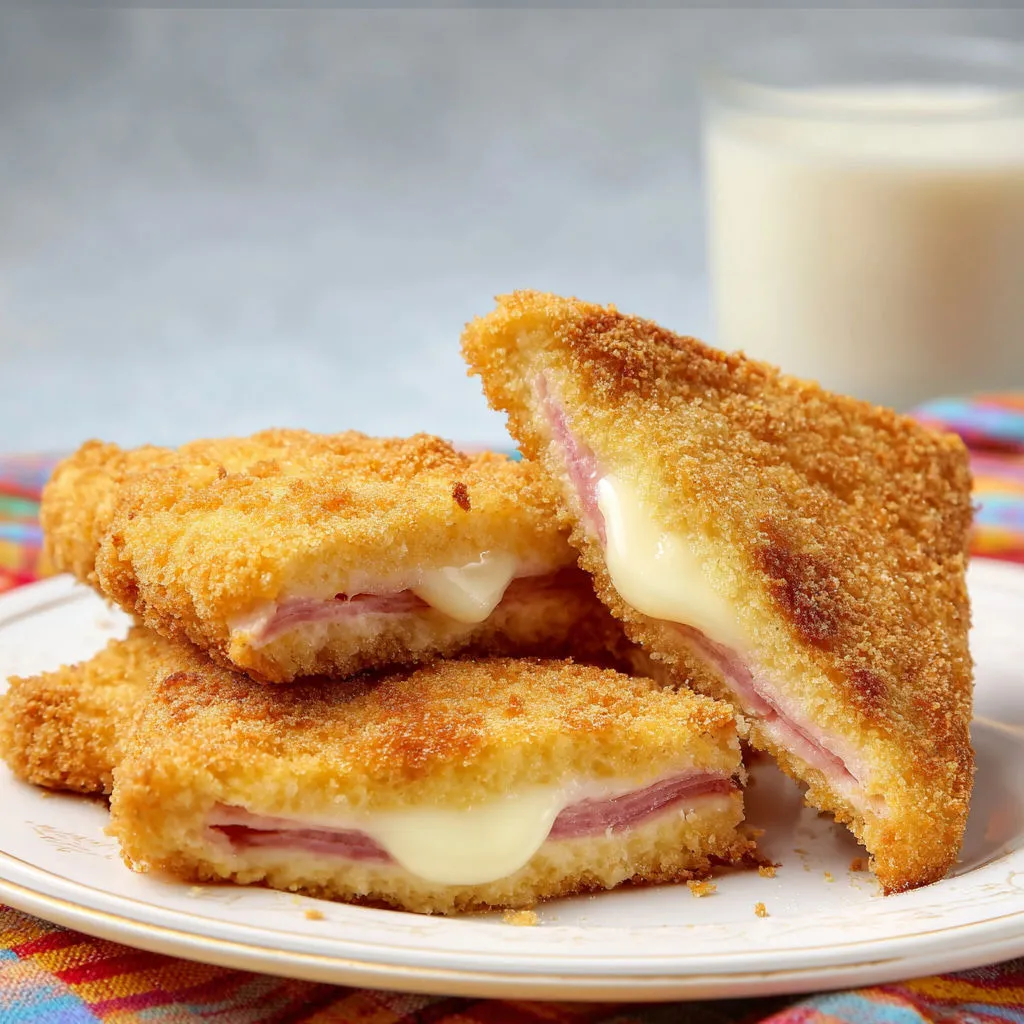 Mozzarella in carrozza toute dorée, fromage fondant et jambon à l’intérieur.