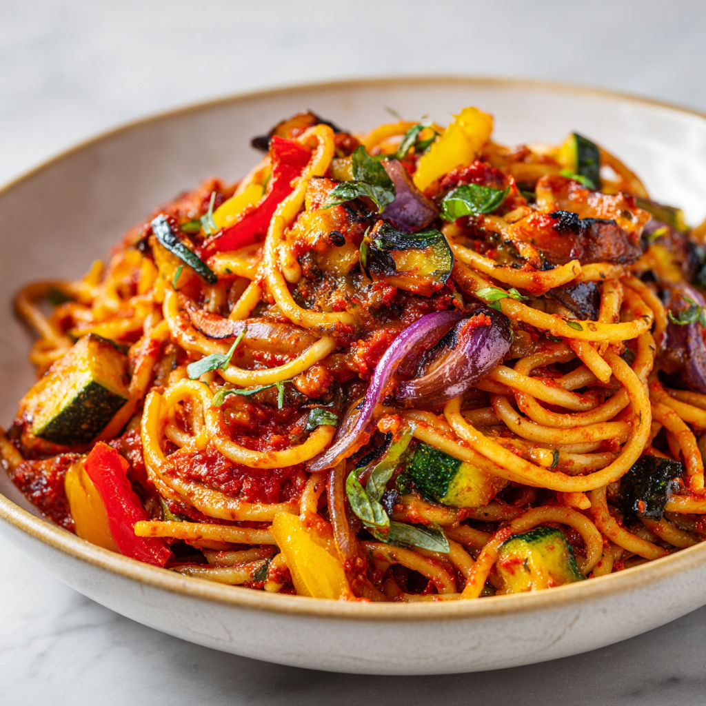 Spaghetti avec légumes rôtis et pesto rouge parfumé, touche d’herbes fraîches.