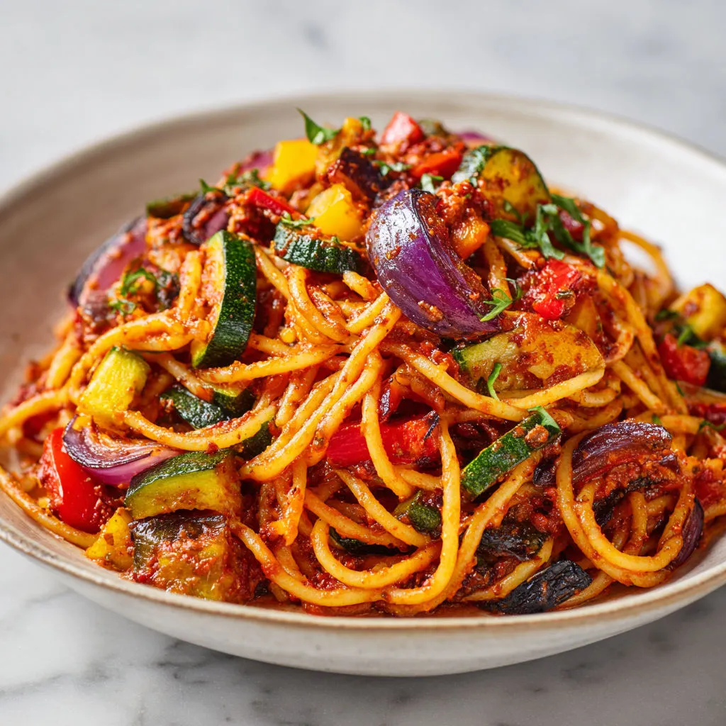 Spaghetti nappés de pesto rouge épicé, accompagnés de légumes dorés et fondants, tout en couleurs et en saveurs.