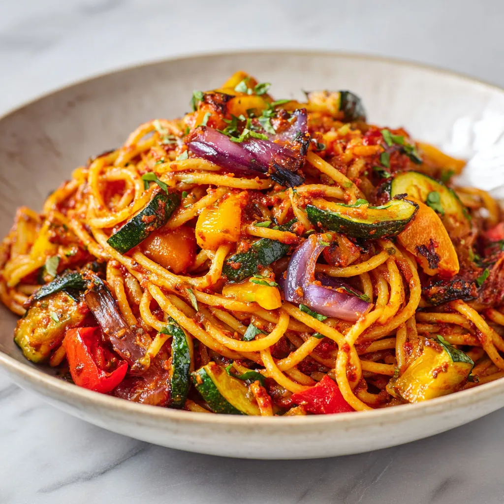 Spaghetti généreusement enrobés de pesto piquant, avec des légumes moelleux et colorés, un vrai régal plein de surprises.