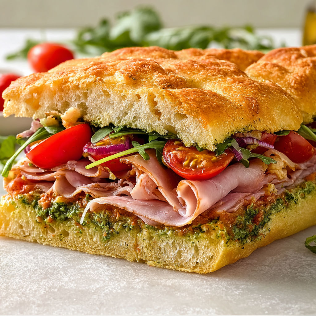 Focaccia moelleuse avec pesto, ricotta et noix, idéale pour un repas rapide et savoureux.