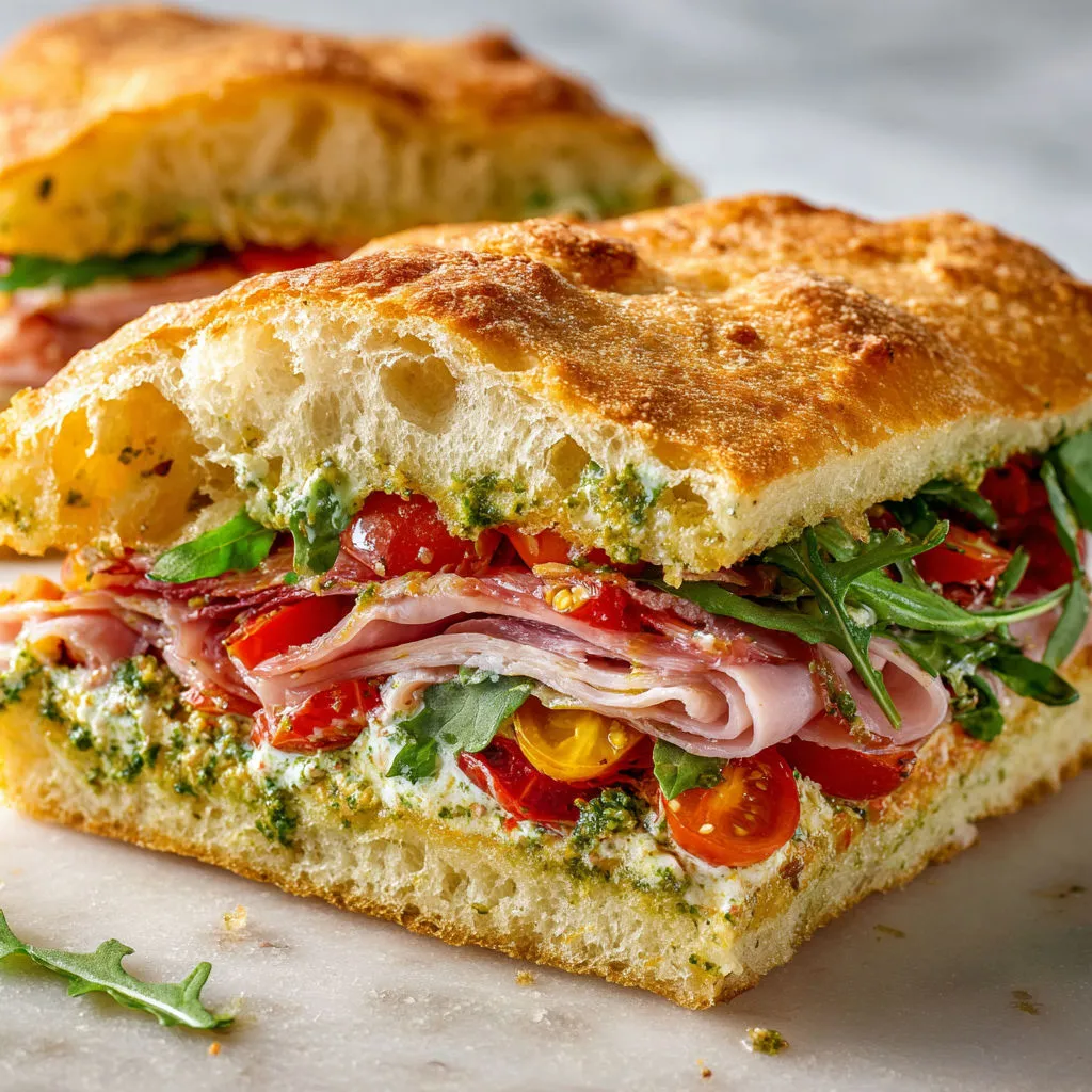 Focaccia bien garnie avec pesto à la ricotta et noix, jambon tendre et crudités, sandwich prêt rapido.
