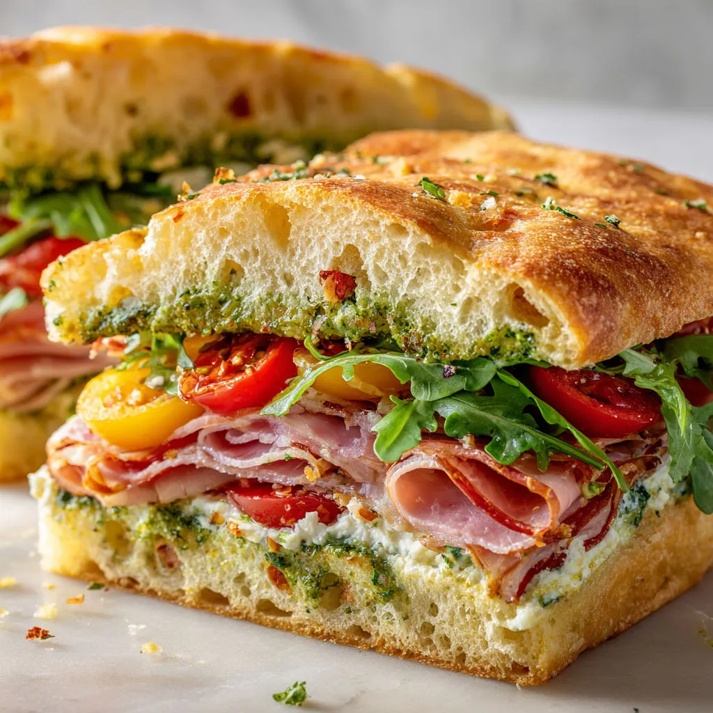 Focaccia bien garnie pesto bien crémeux, tomates dorées et salade verte croquante, trop bon pour un midi pressé.