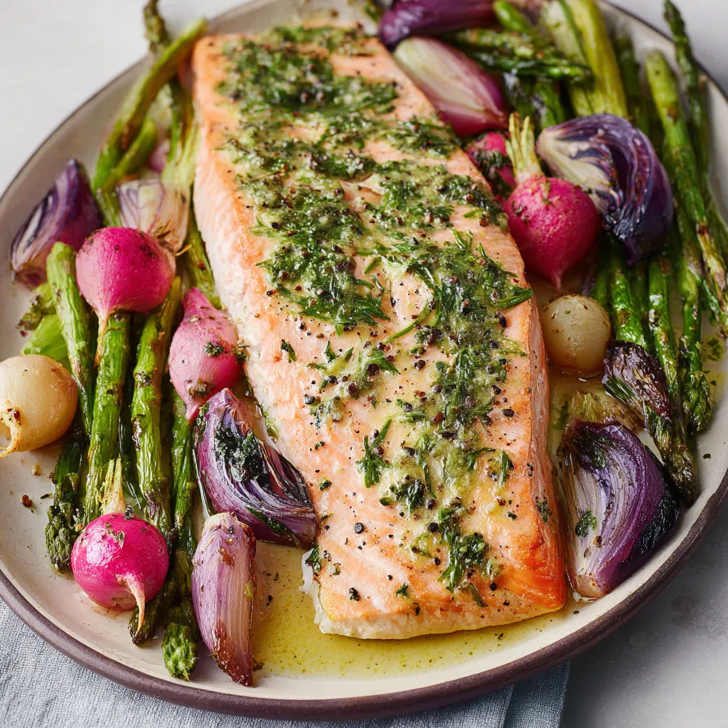 Saumon cuit au four avec asperges radis et oignons nouveaux pour un repas léger, coloré et plein de fraîcheur.