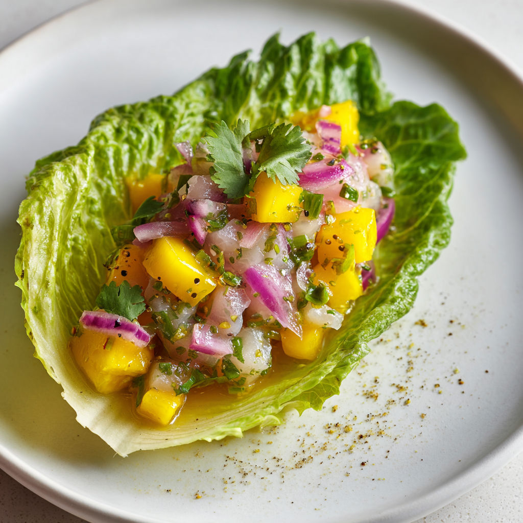 Un mélange de daurade fraîche, morceaux de mangue et coriandre sur une assiette élégante.