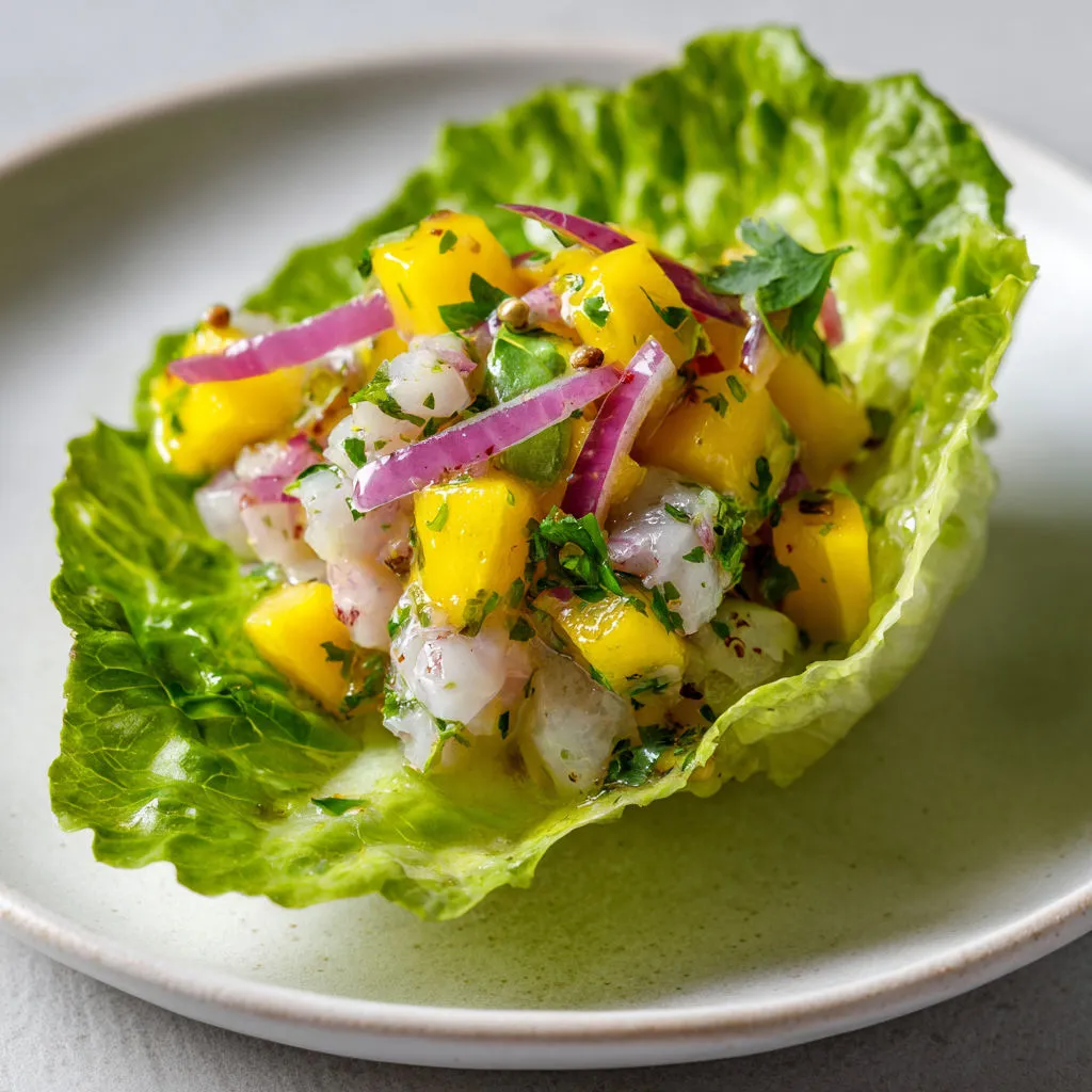 Tartare de daurade bien frais, mangue fondante et coriandre, proposé dans des feuilles de sucrine croquantes.