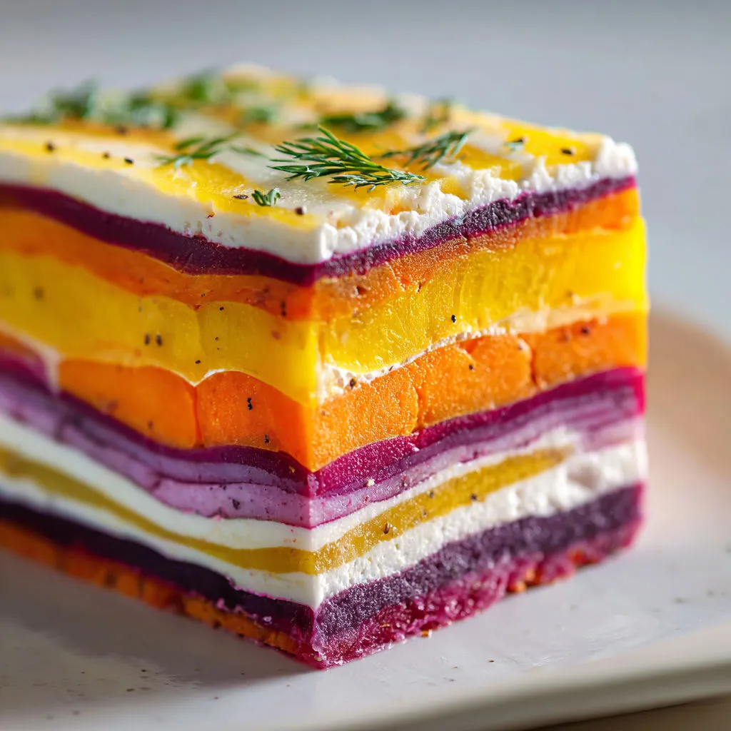 Terrine chill aux carottes multicolores et chèvre frais avec des strates tendres et éclatantes