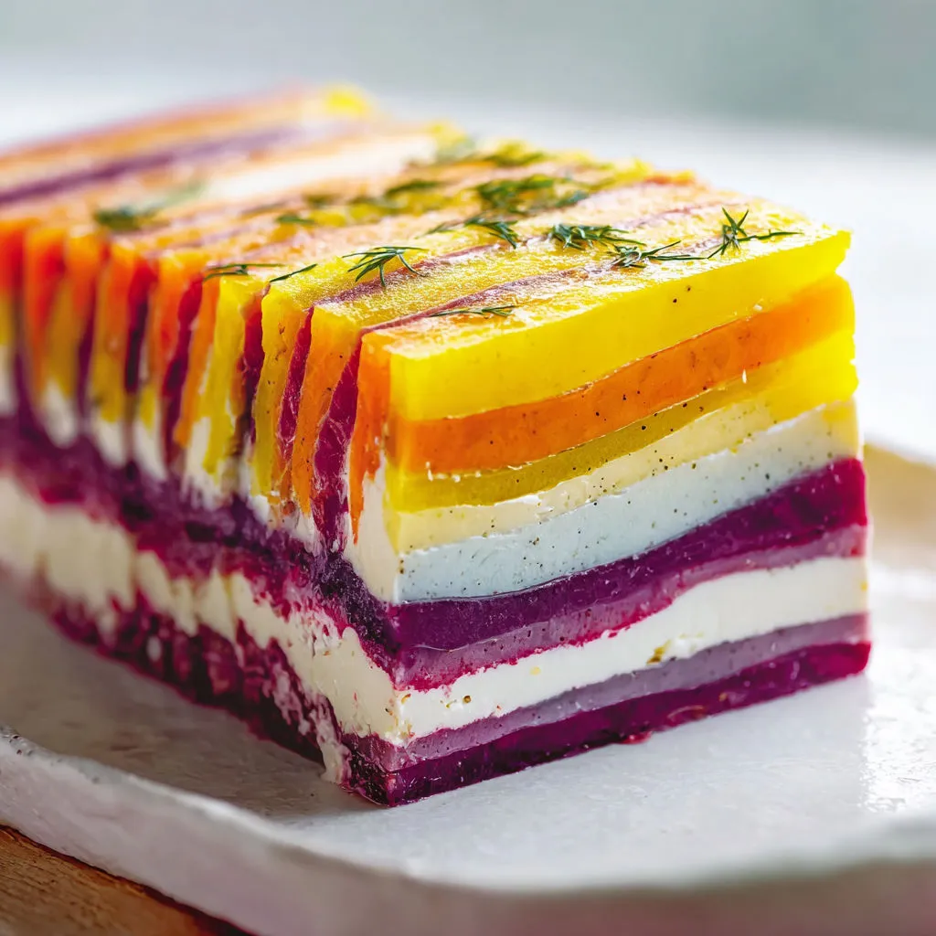 Jolie entrée de carottes en couches jaunes oranges et violettes avec crème de chèvre douce miel et cumin