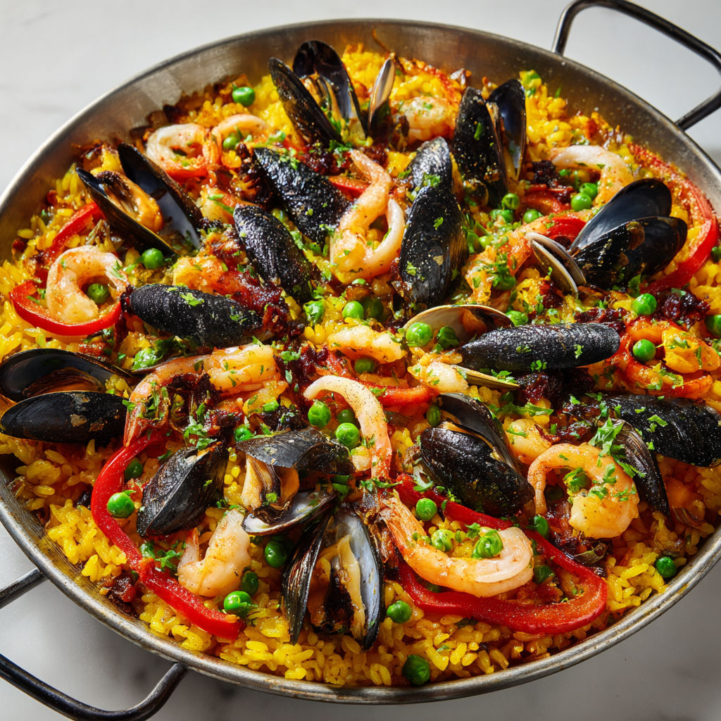 Une superbe paëlla catalane avec des moules, crevettes, tomates, pois et poivrons.