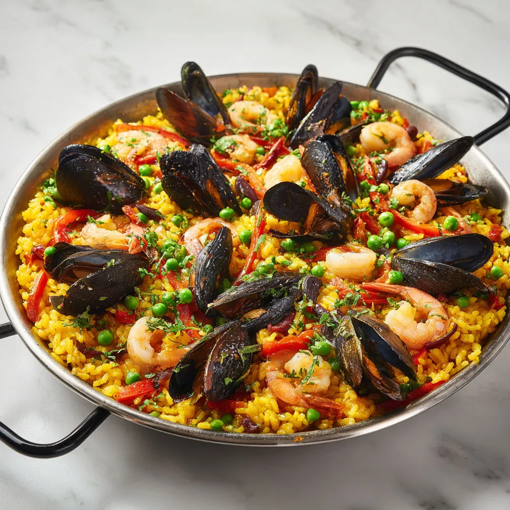 Une belle poêle remplie de moules, crevettes, riz, tomates et pois, difficile d’y résister.