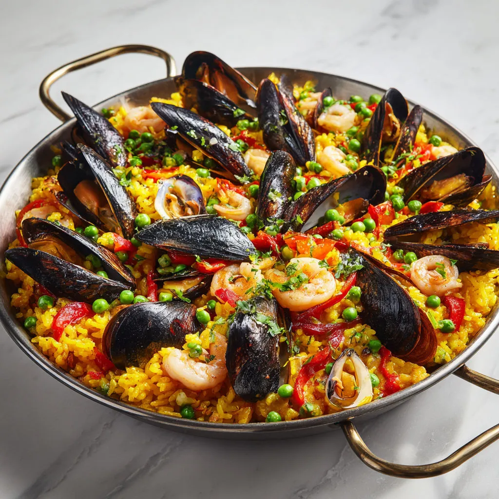 Un grand bol argenté rempli de moules, poissons, petits pois, tomates et oignons pour se régaler.