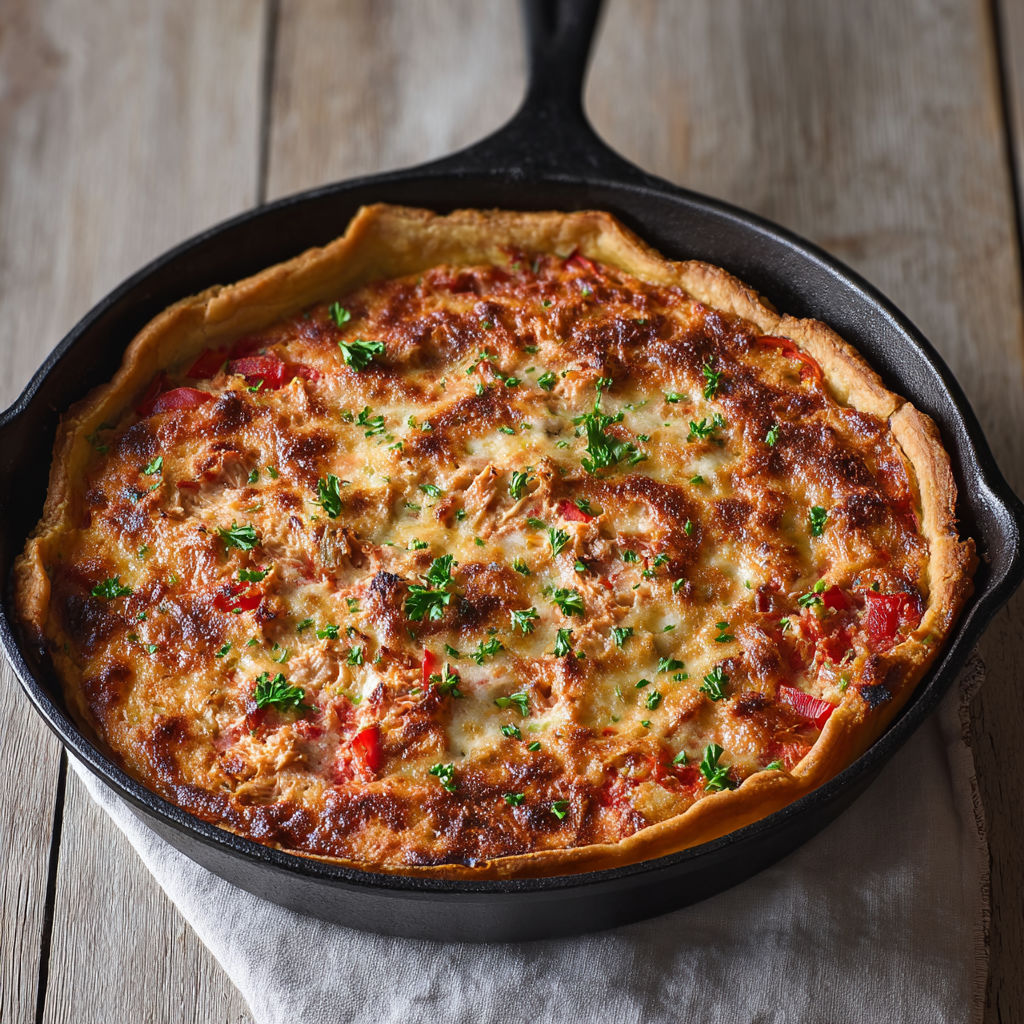 Tarte thon façon Sud, garnie de poivrons, tomates et oignon rouge sur une base crémeuse aux œufs.